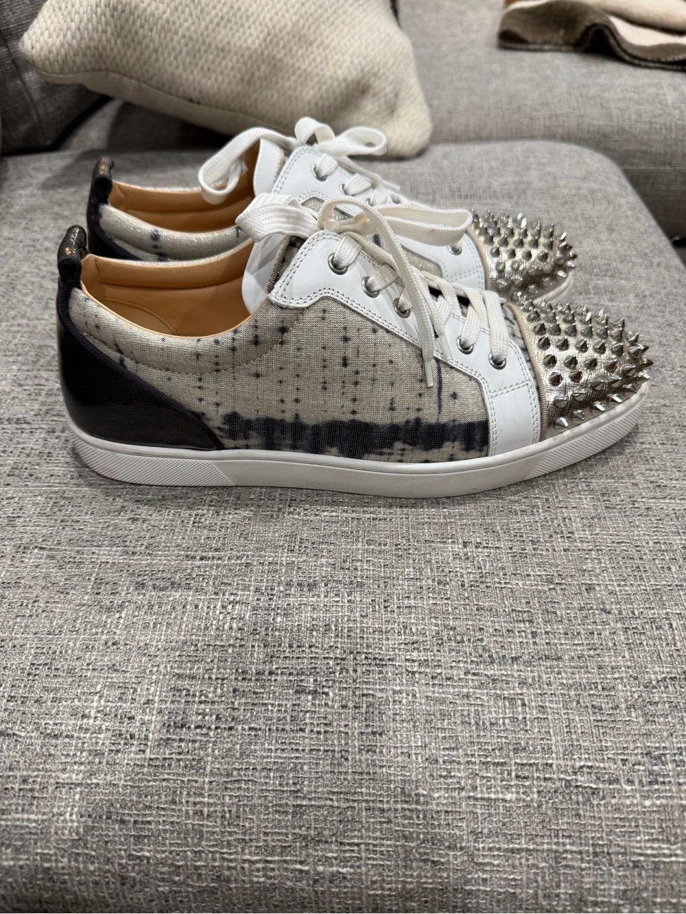 Christian Louboutin White and Silver Studded Low-Top Sneakers